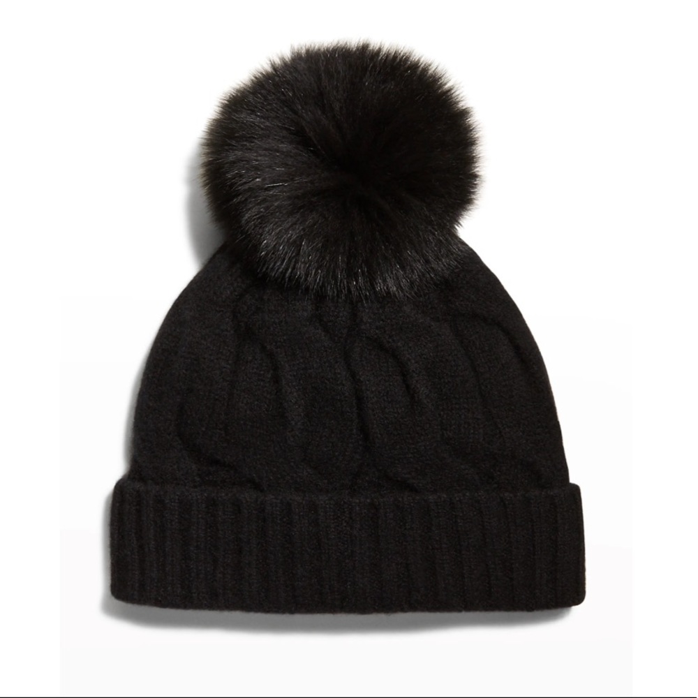 Sofia Cashmere Black New York Cable Knit Beanie w/ Fox Fur